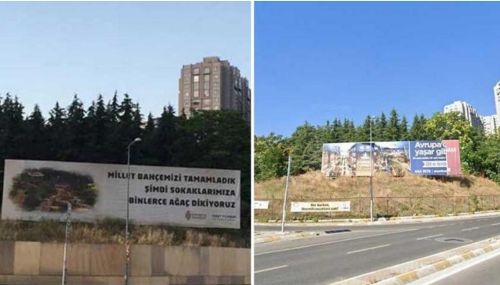 Ümraniye’nin AKP’li Belediyesi’ağaç dikiyoruz’ tabelasının arkasındaki ağaçları söktü