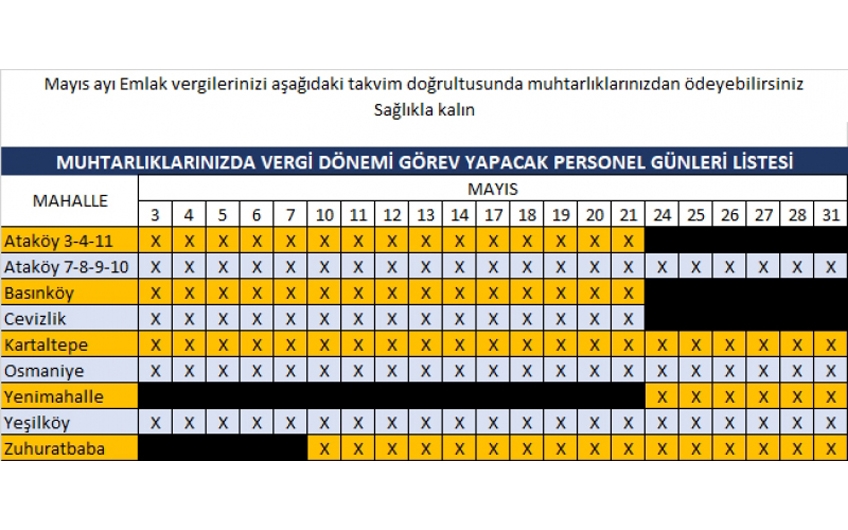 MUHTARLIK BİNALARINIZDA VERGİLERİNİZİ ÖDEYEBİLECEĞİNİZ TARİHLER