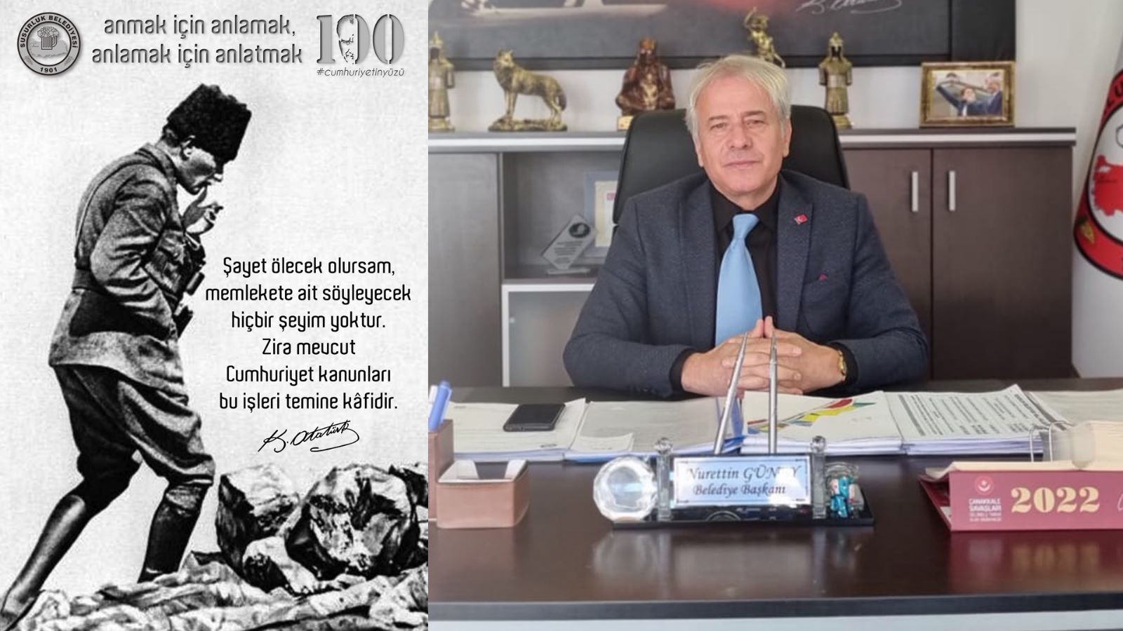 Susurluk Belediye Başkanı Güney 10 Kasım’da Atatürk’ü Büyük saygı, minnet ve rahmetle hep beraber anıyoruz.