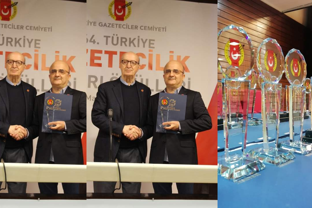 Kadir İncesu’ya ödülünü Türkiye Gazeteciler Cemiyeti, Başkanı Turgay Olcayto verdi