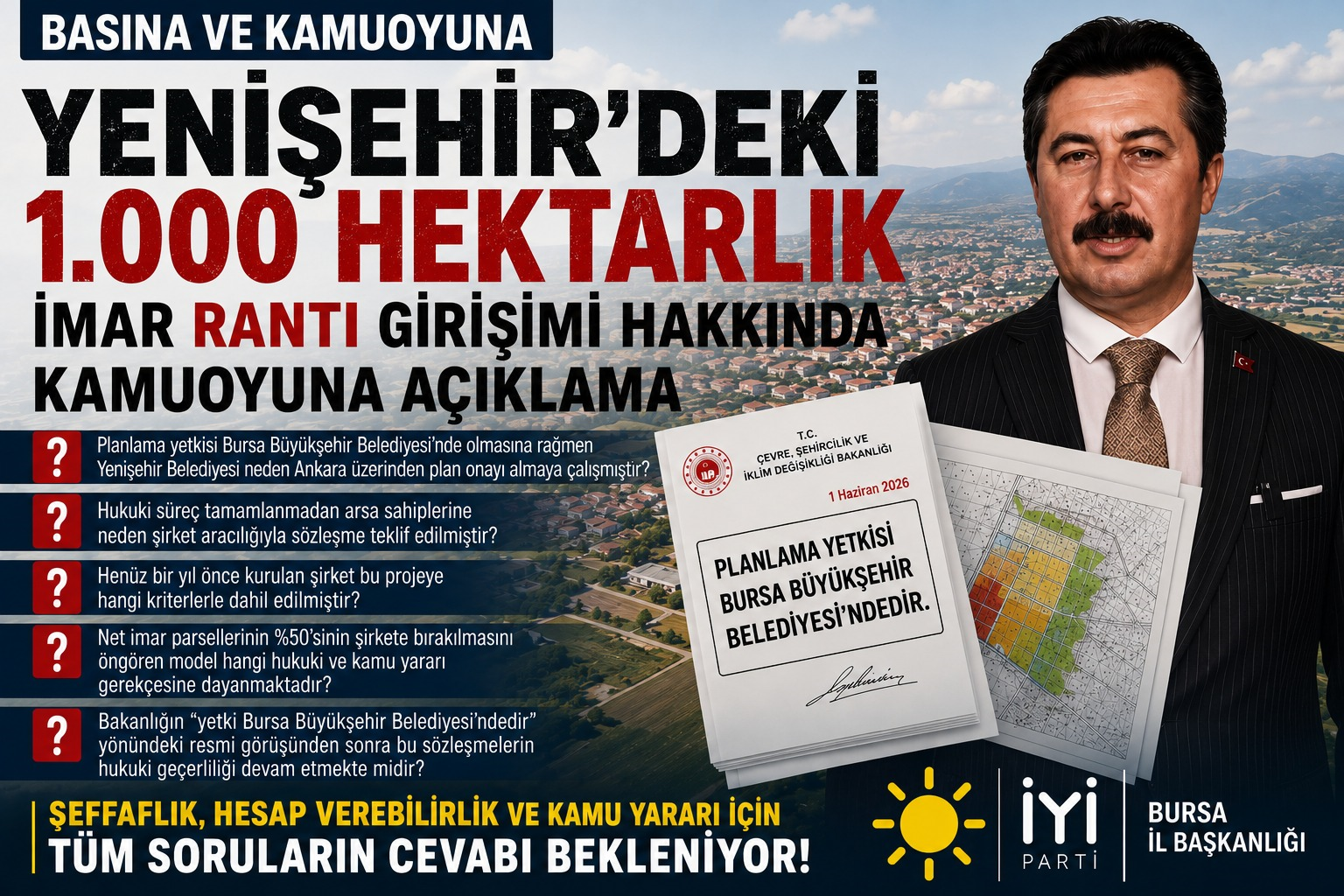 İYİ Parti'den Yenişehir Belediyesi'ne Peş Peşe Kritik Sorular: "İmar Süreci Şeffaf Yürütülmeli"